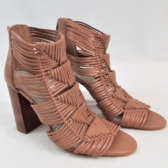 1. State Kenton Woven Cage Gladiator Nude Leather Stacked Heeled Sandal Size 7.5 - Picture 1 of 9